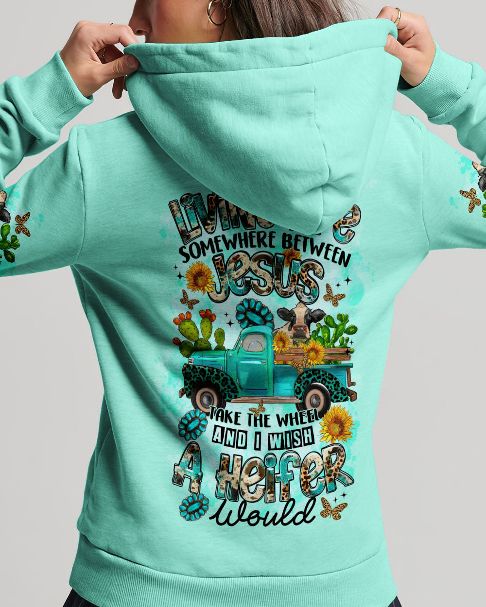 Living Life Somewhere Between Jesus Cow Truck Women's All Over Print Shirt - Tltr2203244, easychoo.com