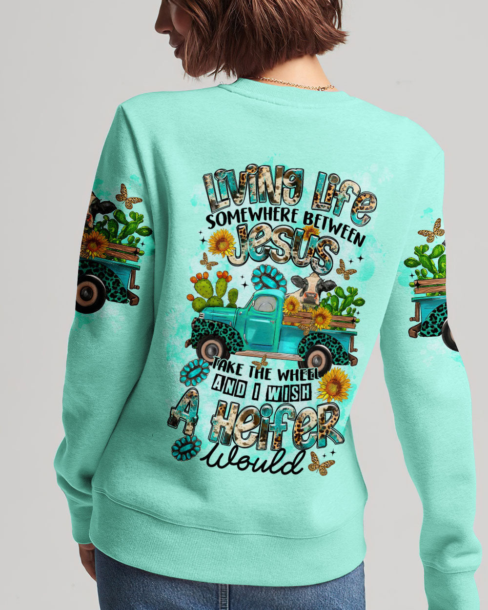 Living Life Somewhere Between Jesus Cow Truck Women's All Over Print Shirt - Tltr2203244, easychoo.com