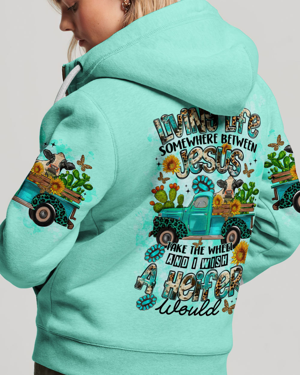 Living Life Somewhere Between Jesus Cow Truck Women's All Over Print Shirt - Tltr2203244, easychoo.com