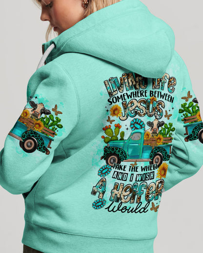Living Life Somewhere Between Jesus Cow Truck Women's All Over Print Shirt - Tltr2203244, easychoo.com