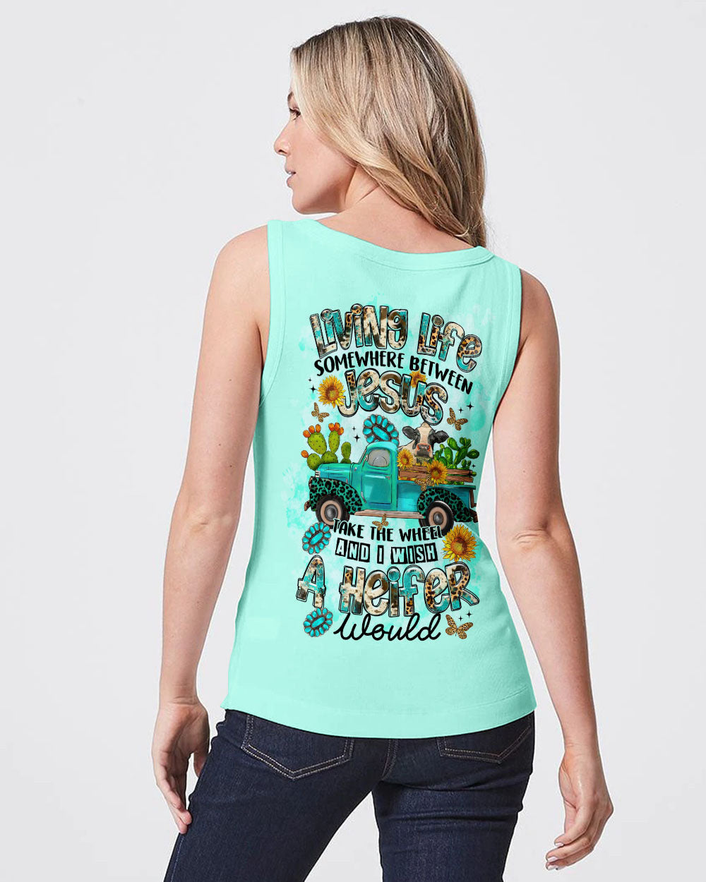 Living Life Somewhere Between Jesus Cow Truck Women's All Over Print Shirt - Tltr2203244, easychoo.com