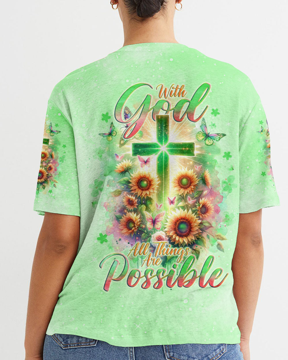 With God All Things Are Possible Sunflower Cross Women's All Over Print Shirt - Tlno2511232, easychoo.com