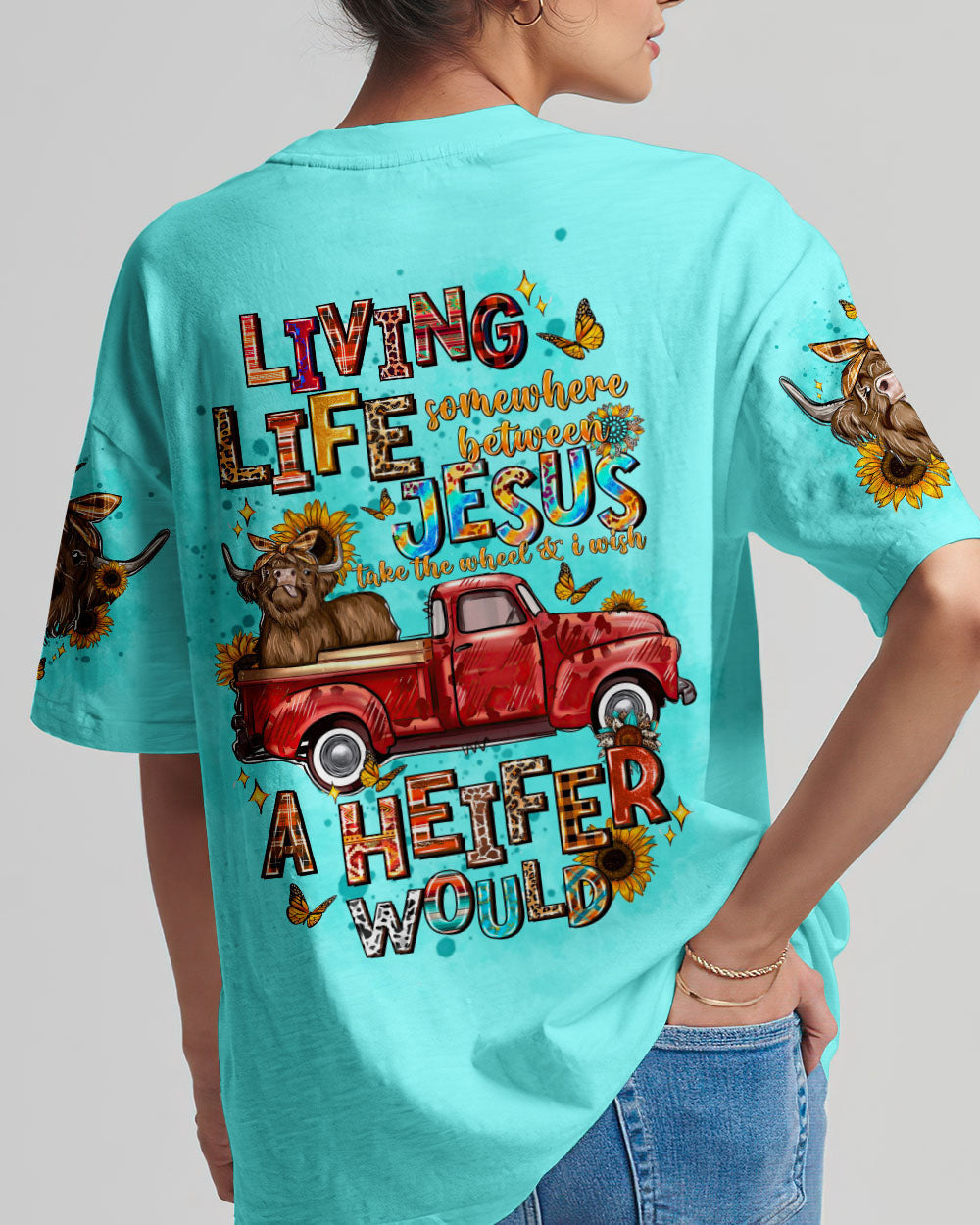 Living Life Somewhere Between Jesus Cow Truck Women's All Over Print Shirt - Tltw1004244, easychoo.com