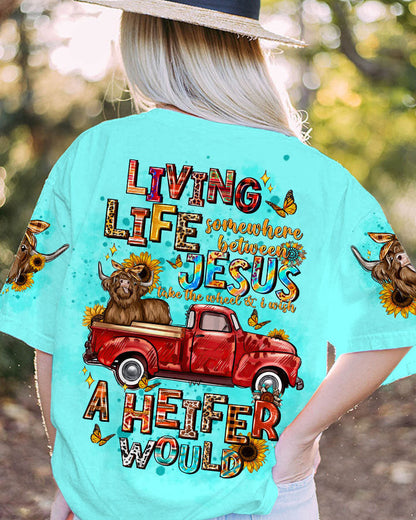 Living Life Somewhere Between Jesus Cow Truck Women's All Over Print Shirt - Tltw1004244, easychoo.com