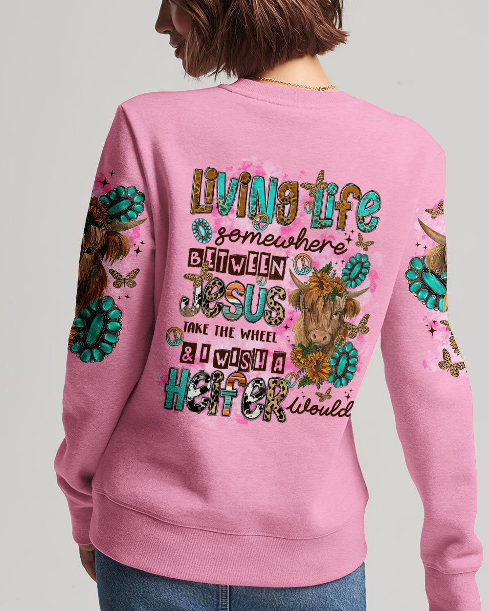 Living Life Somewhere Between Jesus Cow Women's All Over Print Shirt - Tltr2003243, easychoo.com