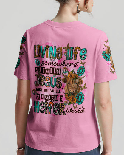 Living Life Somewhere Between Jesus Cow Women's All Over Print Shirt - Tltr2003243, easychoo.com