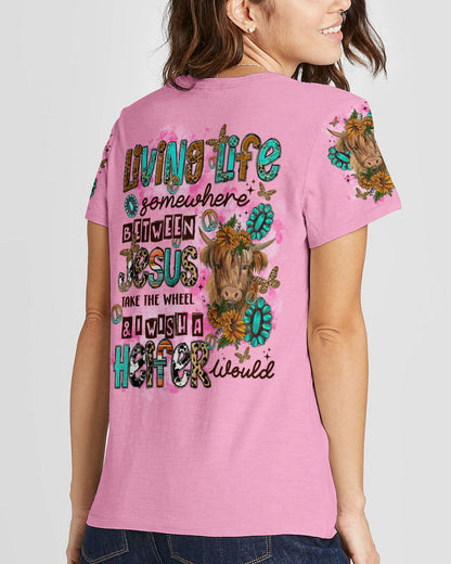 Living Life Somewhere Between Jesus Cow Women's All Over Print Shirt - Tltr2003243, easychoo.com