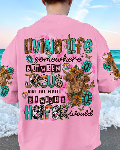 Living Life Somewhere Between Jesus Cow Women's All Over Print Shirt - Tltr2003243, easychoo.com