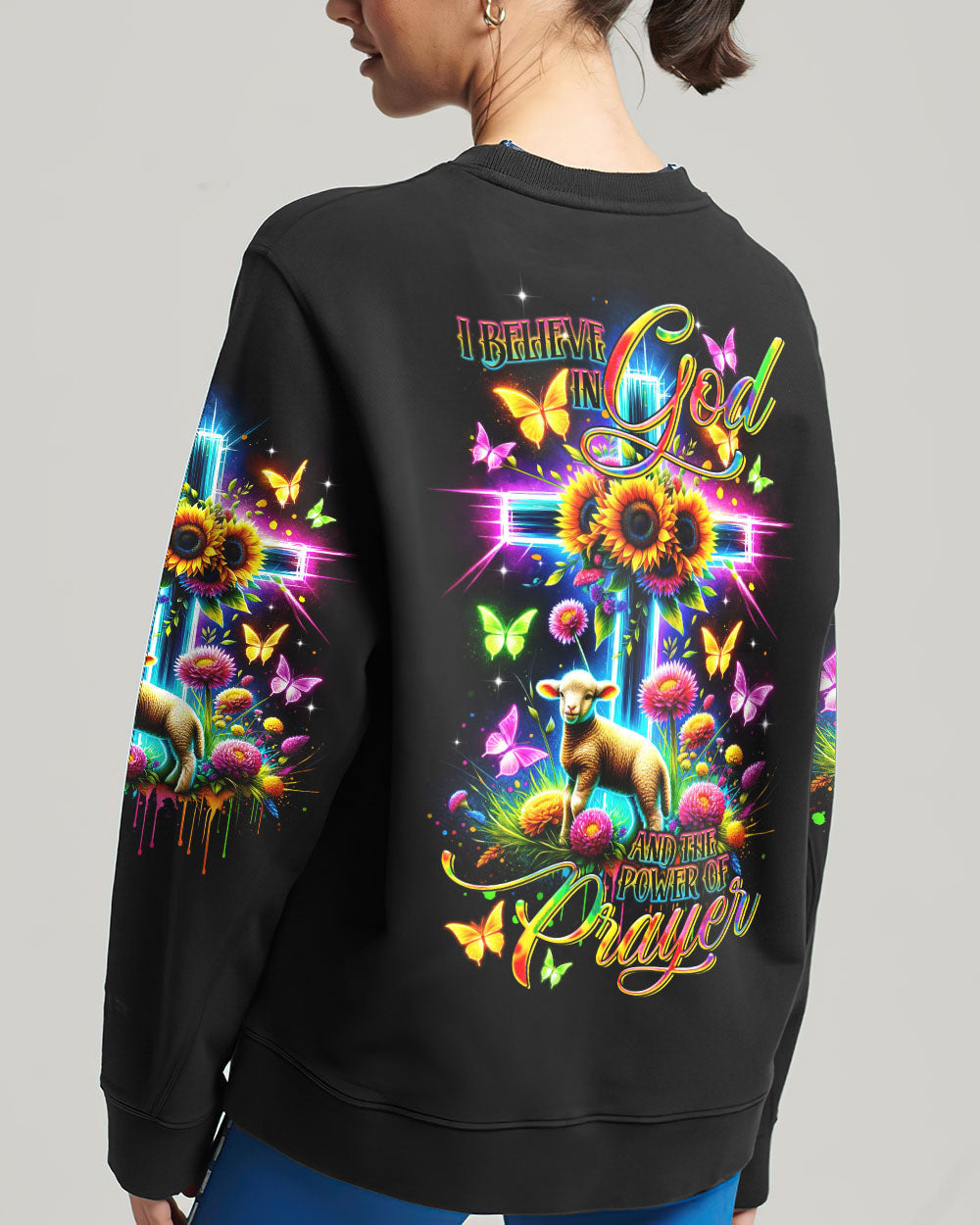 I Believe In God Neon Cross Lamb Women's All Over Print Shirt - Tltr0801244, easychoo.com