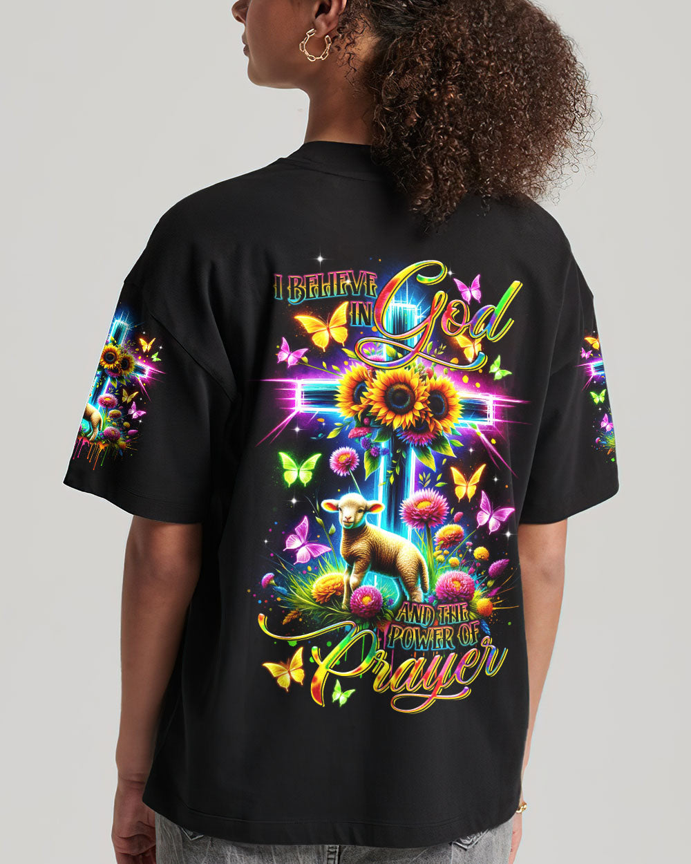 I Believe In God Neon Cross Lamb Women's All Over Print Shirt - Tltr0801244, easychoo.com