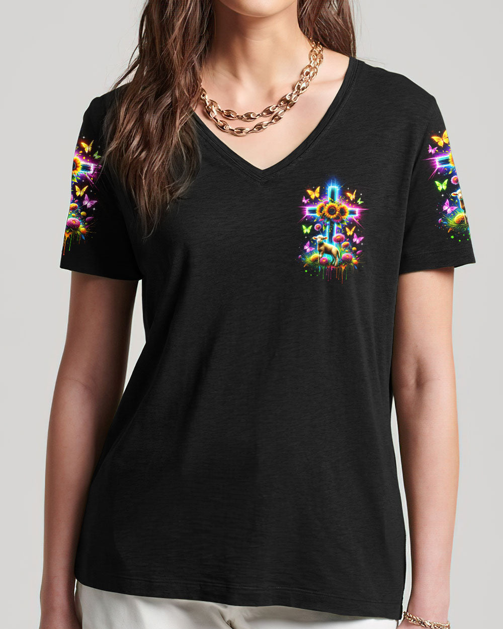 I Believe In God Neon Cross Lamb Women's All Over Print Shirt - Tltr0801244, easychoo.com