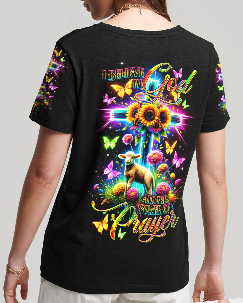I Believe In God Neon Cross Lamb Women's All Over Print Shirt - Tltr0801244, easychoo.com