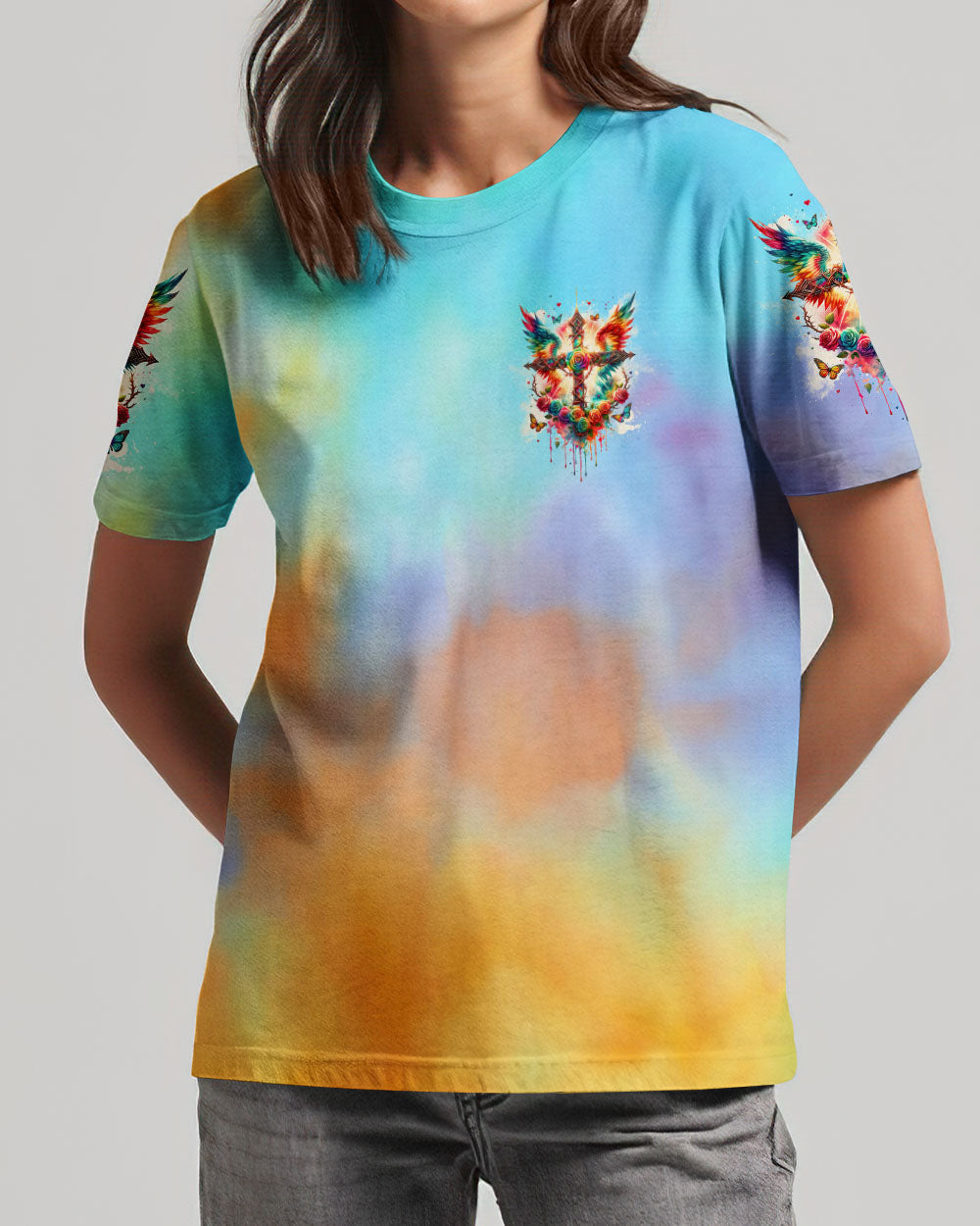 I Can Do All Things Cross Wings Tie Dye Women's All Over Print Shirt - Tlnz2401242, easychoo.com