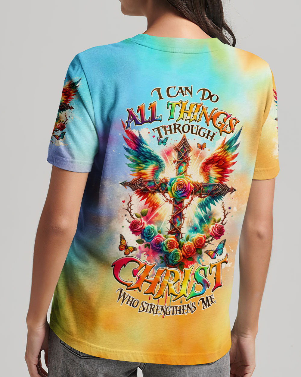 I Can Do All Things Cross Wings Tie Dye Women's All Over Print Shirt - Tlnz2401242, easychoo.com