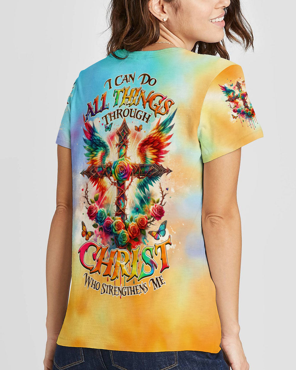 I Can Do All Things Cross Wings Tie Dye Women's All Over Print Shirt - Tlnz2401242, easychoo.com