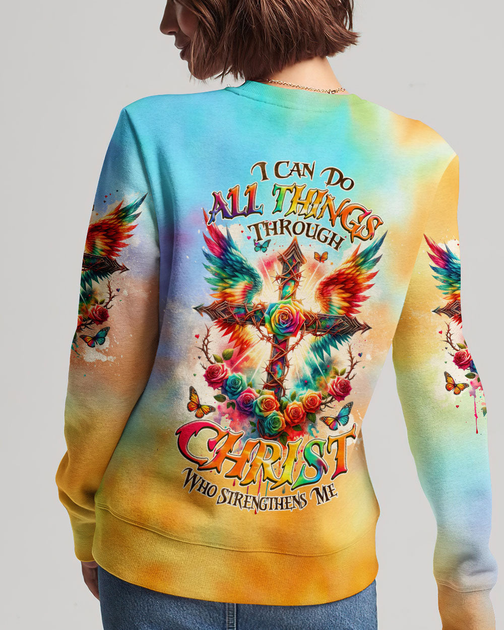 I Can Do All Things Cross Wings Tie Dye Women's All Over Print Shirt - Tlnz2401242, easychoo.com