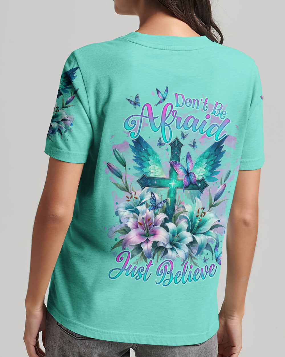 Don't Be Afraid Just Believe Cross Lilies Women's All Over Print Shirt - Tlnz0512234, easychoo.com