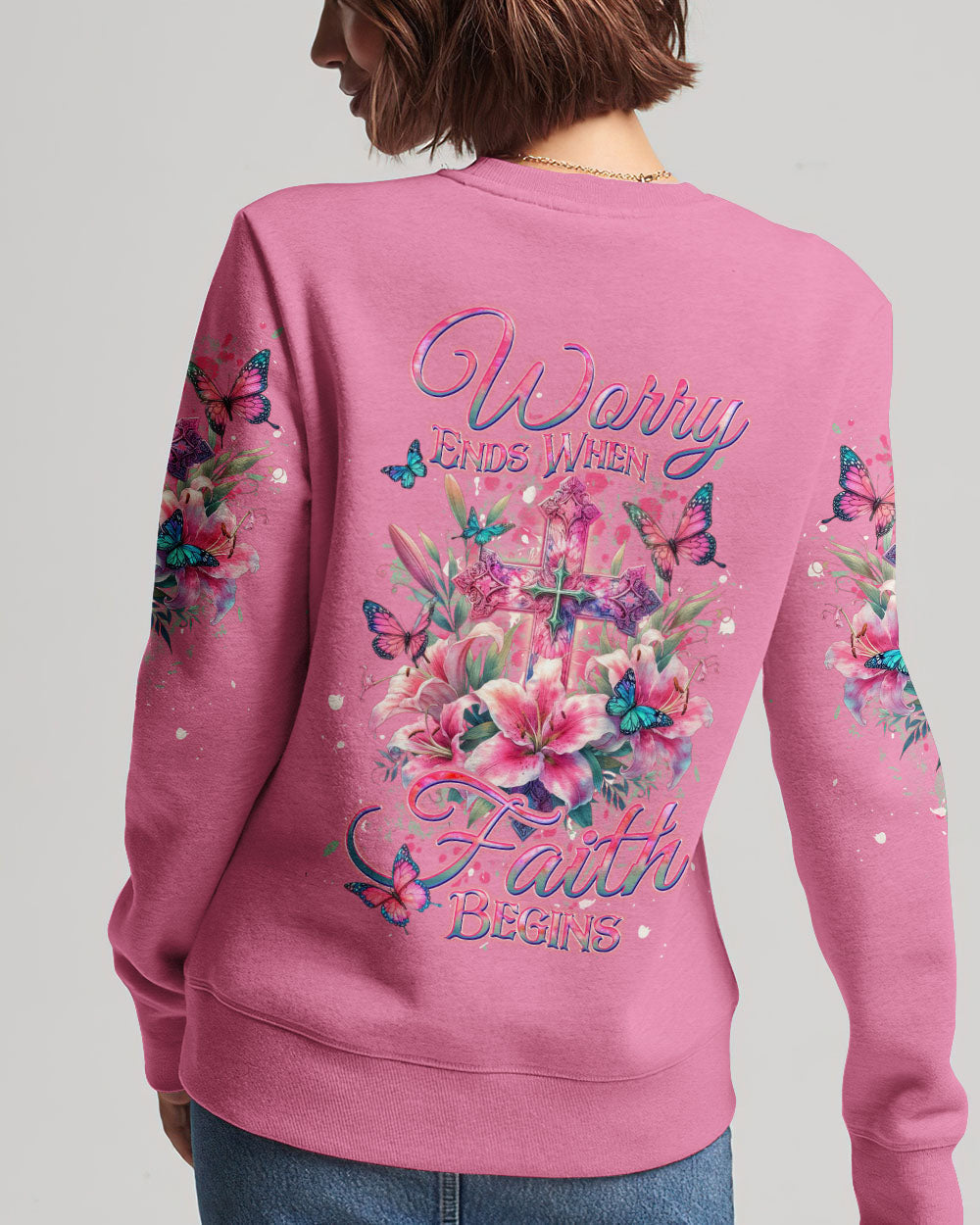 Worry Ends When Faith Begins Women's All Over Print Shirt - Yhdu2201243, easychoo.com