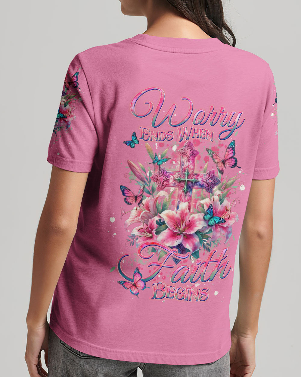 Worry Ends When Faith Begins Women's All Over Print Shirt - Yhdu2201243, easychoo.com