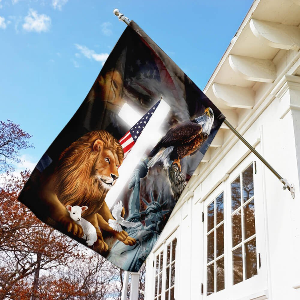 Christian Garden Flags, Lion and Lamb American Flag, Christian House Flags, Christian Cross Flag, Faith Flag, easychoo.com