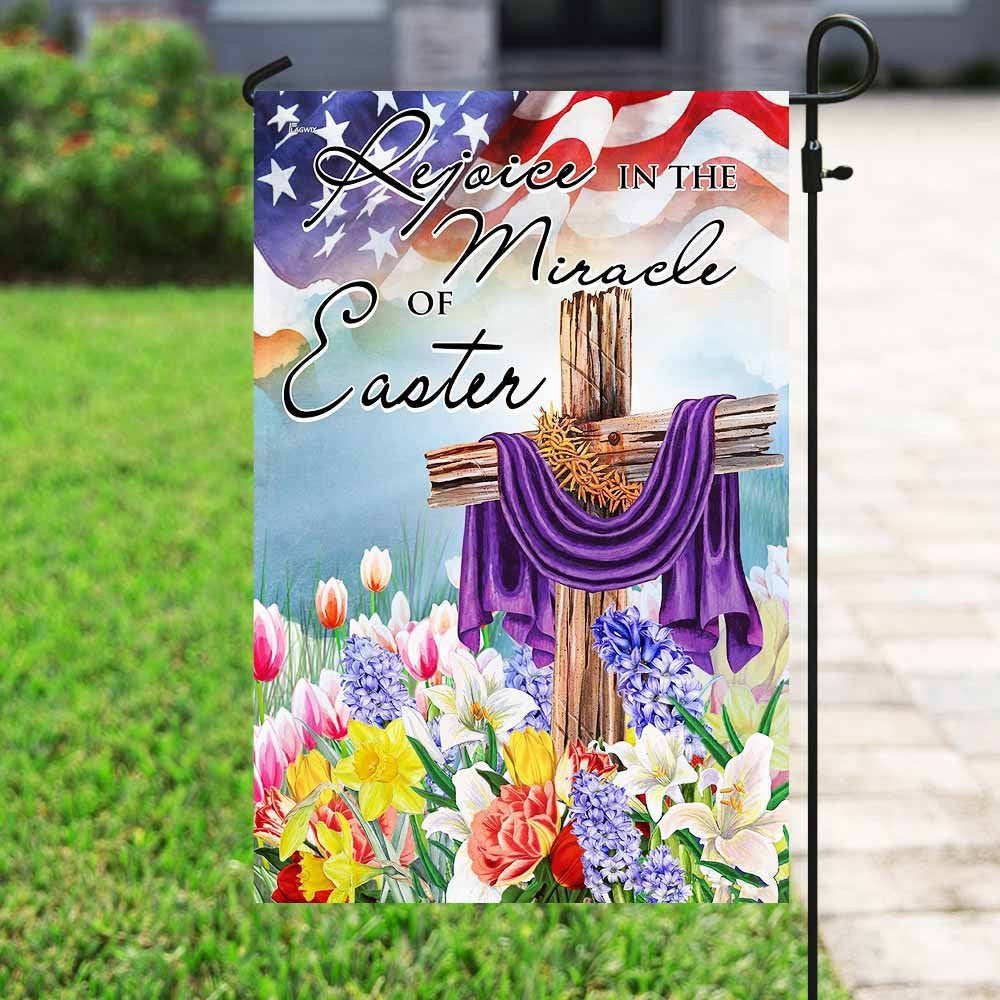 Christian Garden Flags, Rejoice In The Miracle Of Easter Cross Flag, Christian House Flags, Christian Cross Flag, Faith Flag, easychoo.com