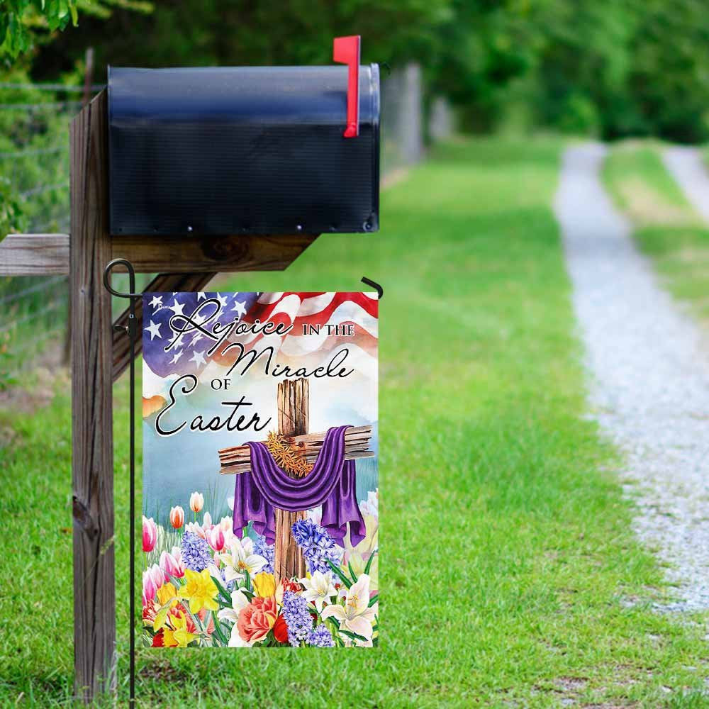 Christian Garden Flags, Rejoice In The Miracle Of Easter Cross Flag, Christian House Flags, Christian Cross Flag, Faith Flag, easychoo.com