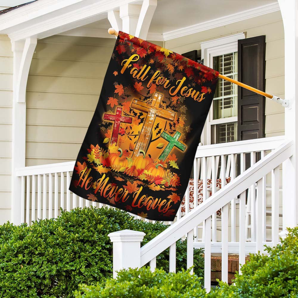 Christian Garden Flags, Thanksgiving Fall For Jesus He Never Leaves Flag, Christian House Flags, Christian Cross Flag, Faith Flag, easychoo.com