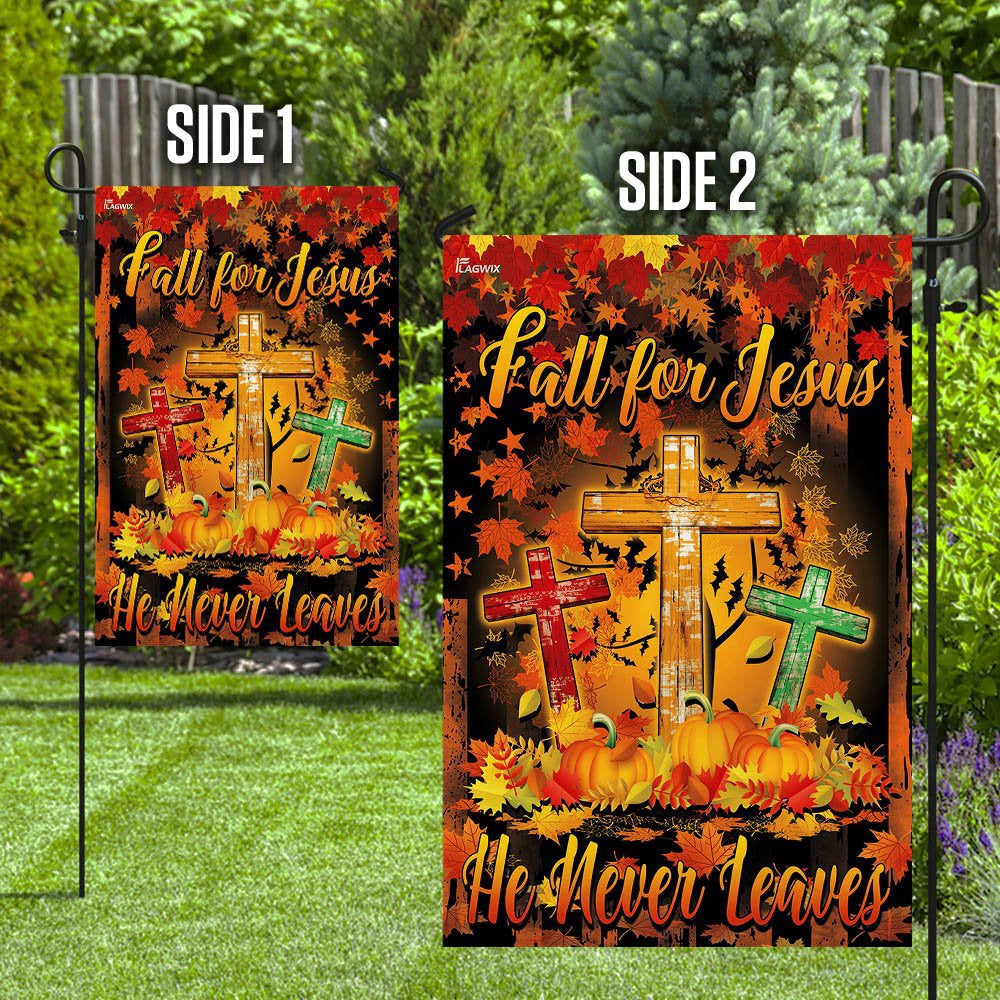 Christian Garden Flags, Thanksgiving Fall For Jesus He Never Leaves Flag, Christian House Flags, Christian Cross Flag, Faith Flag, easychoo.com