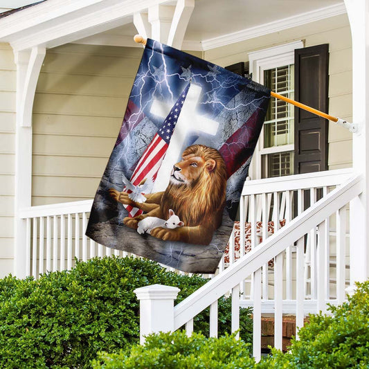 Christian Garden Flags, Lion And Lamb Cross American Flag, Christian House Flags, Christian Cross Flag, Faith Flag, easychoo.com