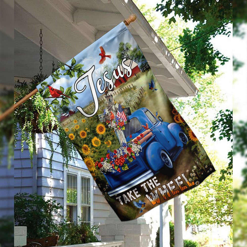 Christian Garden Flags, Jesus Take The Wheel American Truck Farm Garden Flag, Christian House Flags, Christian Cross Flag, Faith Flag, easychoo.com