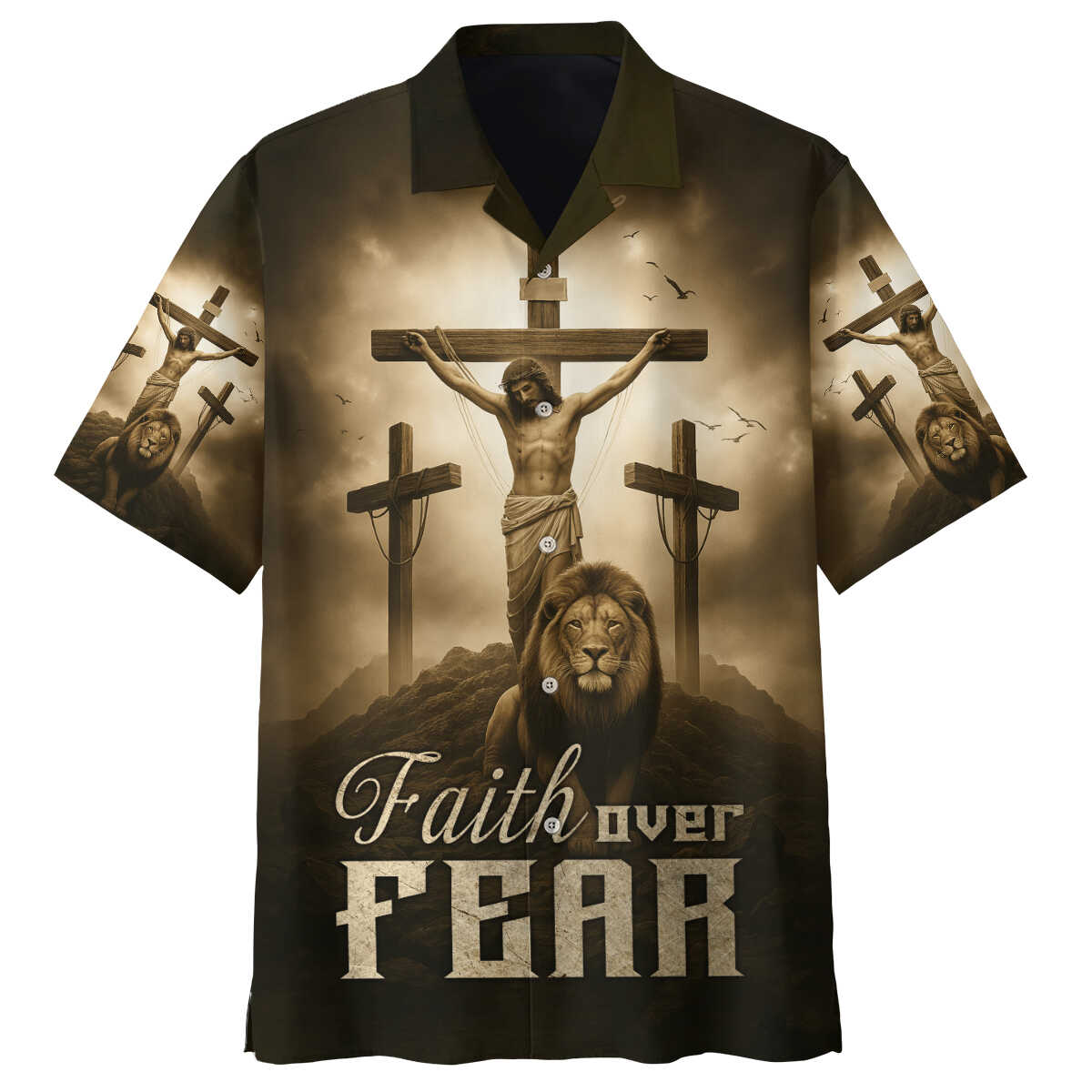 Faith Over Fear – Jesus Crucifix and Lion Symbol of Strength