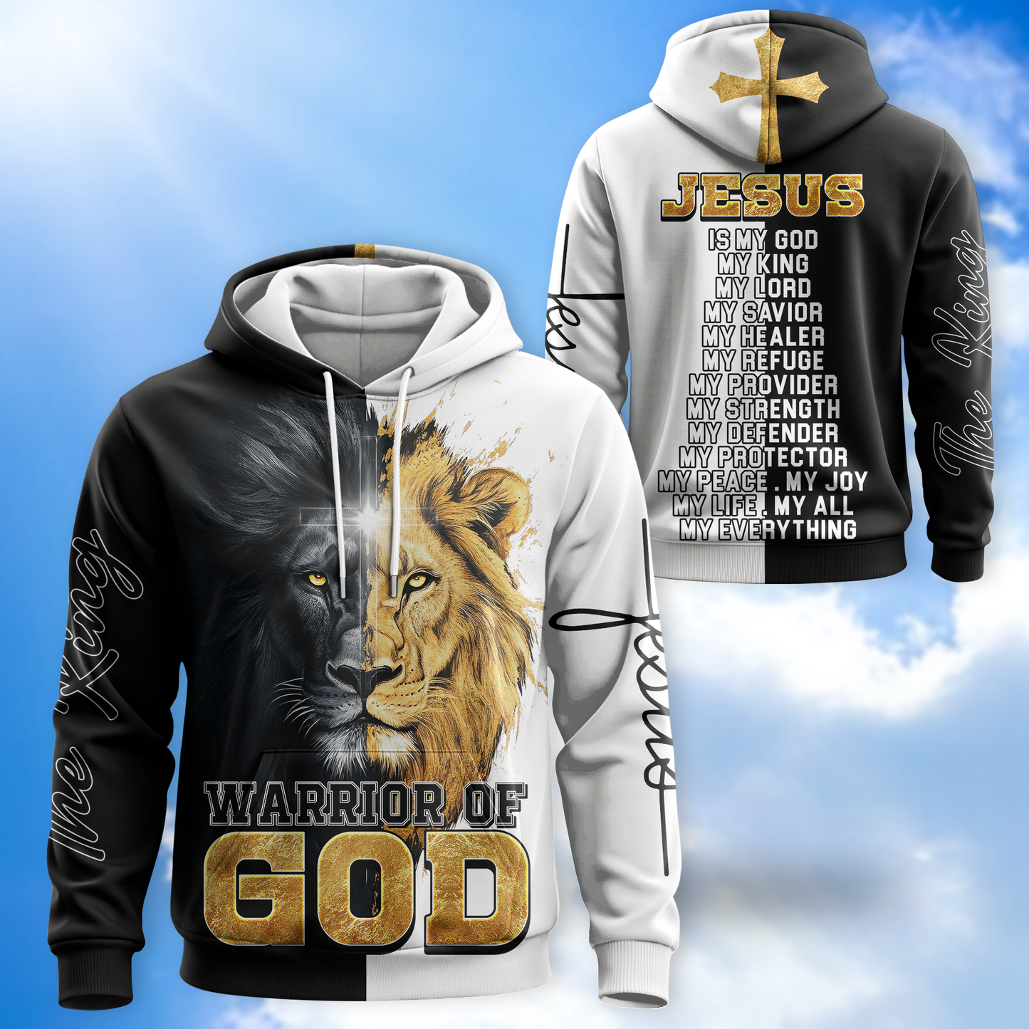 Christian Faith Hoodie – Warrior of God Zip Up Sweatshirt with Lion of Judah and Cross Design