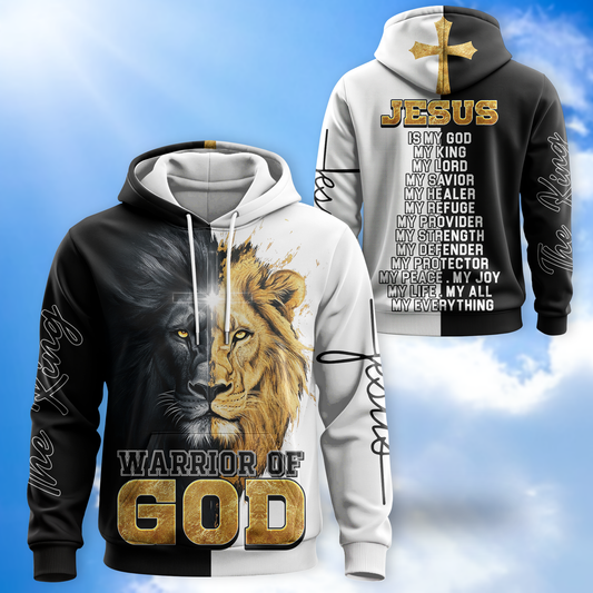 Christian Faith Hoodie – Warrior of God Zip Up Sweatshirt with Lion of Judah and Cross Design