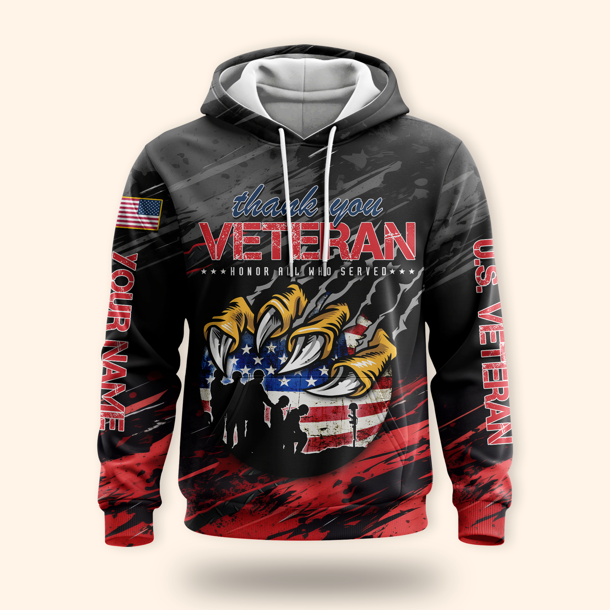 Personalized US Veteran Hoodie – Eagle Claw & Flag – Thank You Heroes Design, easychoo.com