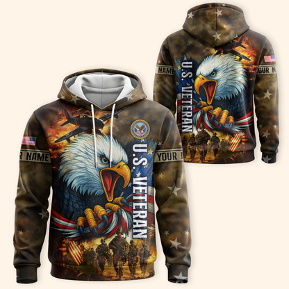 U.S. Veteran Hoodie – American Eagle and Soldiers Design, Patriotic Military Zip Up