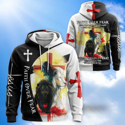 Faith Over Fear Christian Hoodie – Lion of Judah Cross Bible Verse Zip Up Sweatshirt for Believers in Christ
