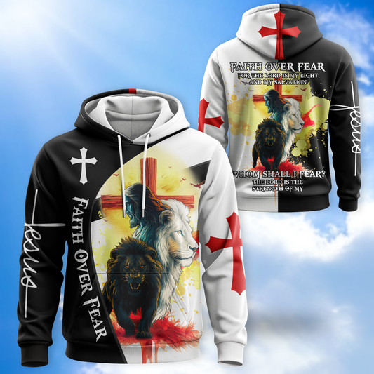 Faith Over Fear Christian Hoodie – Lion of Judah Cross Bible Verse Zip Up Sweatshirt for Believers in Christ