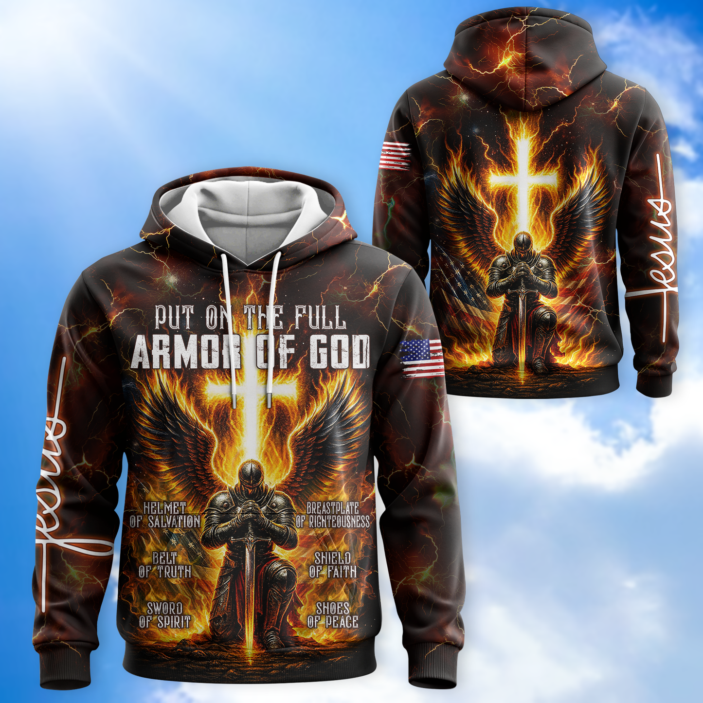 Armor of God Hoodie – Christian Warrior Zip Up Sweatshirt with Cross and Bible Verse Design