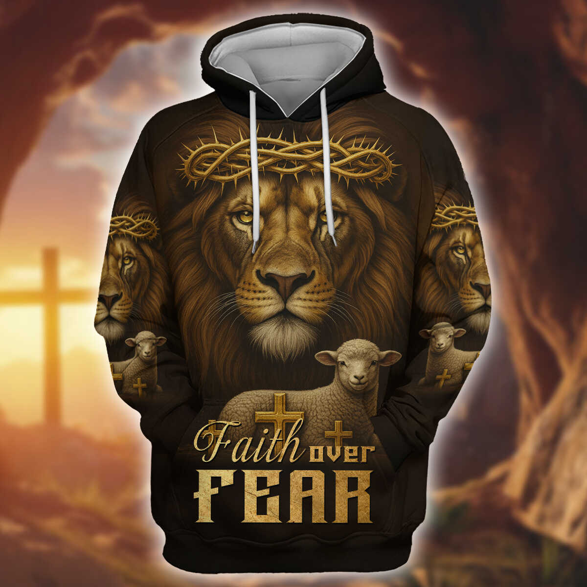 Faith Over Fear – Lion of Judah with Lamb and Cross Artwork