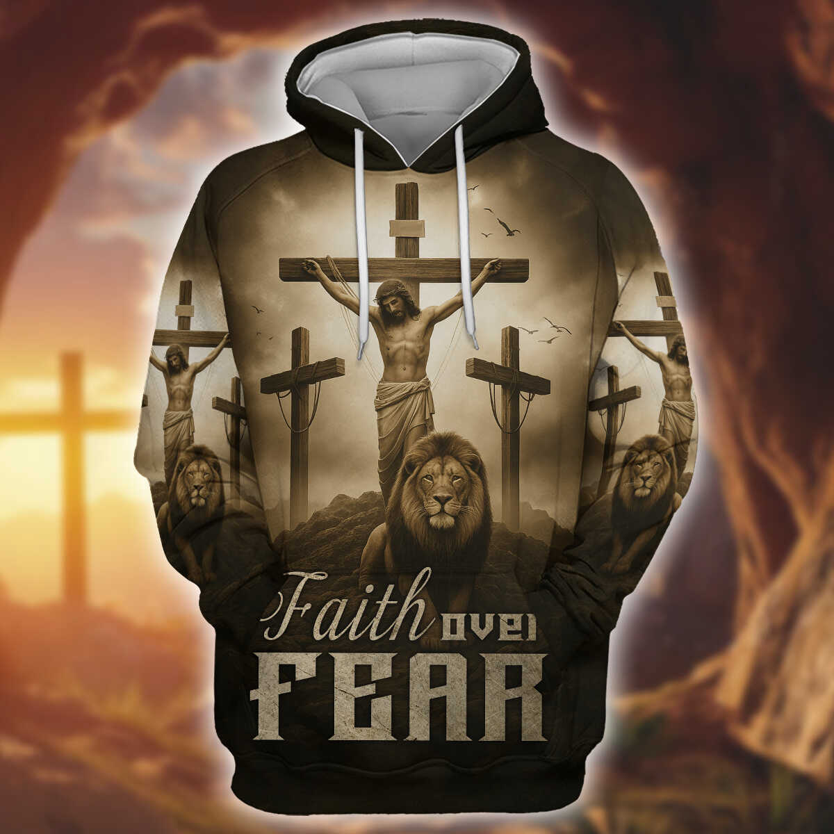 Faith Over Fear – Jesus Crucifix and Lion Symbol of Strength