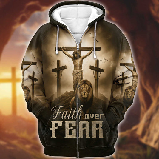 Faith Over Fear – Jesus Crucifix and Lion Symbol of Strength