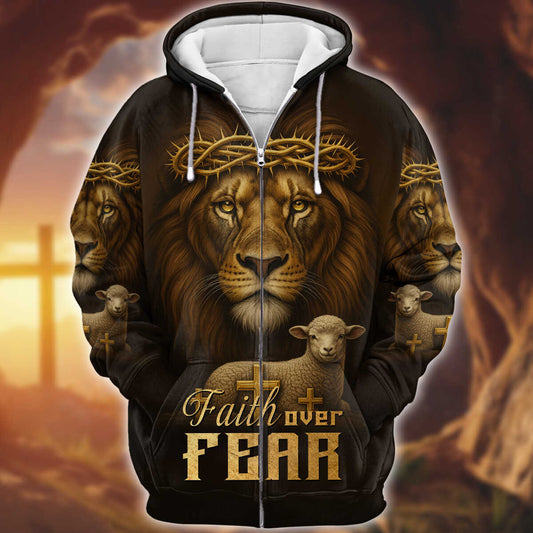 Faith Over Fear – Lion of Judah with Lamb and Cross Artwork