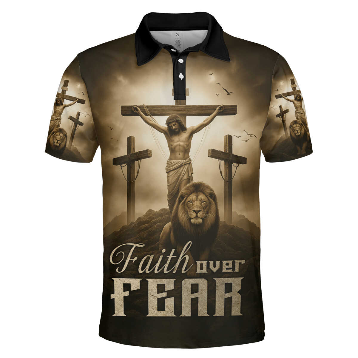 Faith Over Fear – Jesus Crucifix and Lion Symbol of Strength