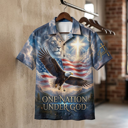 "One nation under God" Hawaiian Shirt - American Flag Patriotic Shirt with Bald Eagle
