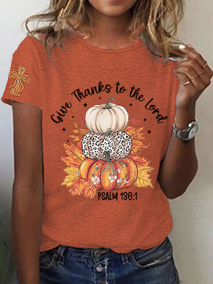 Women's Give Thanks to the Lord Christian Cross Thankful Pumpkins  Short Sleeve T-Shirt