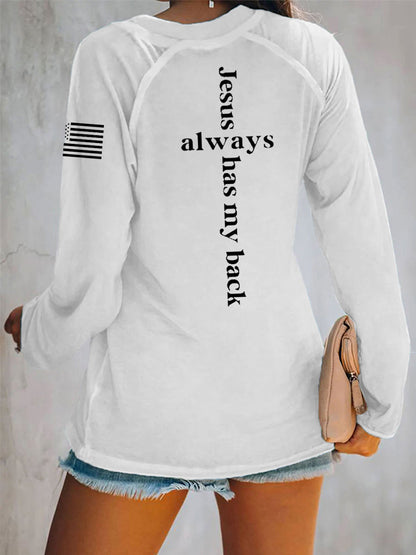 Women's Jesus Has My Back Cross Faith USA Flag Print Casual V-Neck T-Shirt