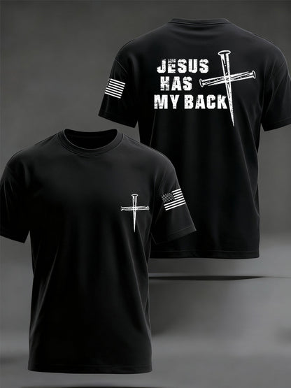 Men's Retro Jesus Has My Back Cross Faith USA Flag Print Casual Tee