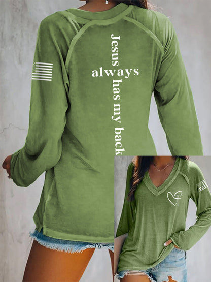 Women's Jesus Has My Back Cross Faith USA Flag Print Casual V-Neck T-Shirt
