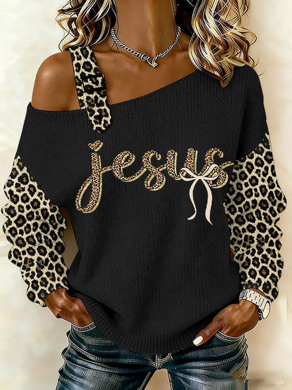 Women's Jesus Leopard Print Casual Off-Shoulder Top