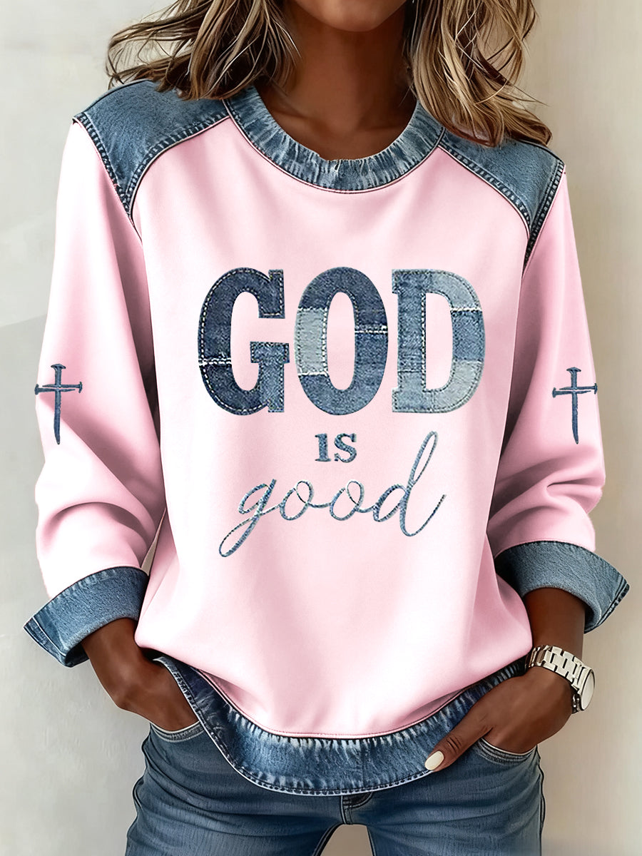 Women's God Is Good Cross Denim Patchwork Top